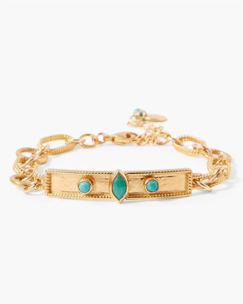 Front of a size O/S Bezel Wrapped Turquoise Marquise Bracelet in Gold in Gold by CHAN LUU. | dia_product_style_image_id:330150